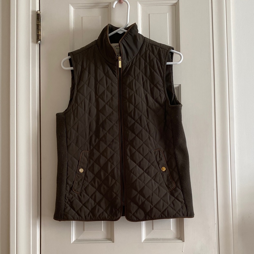 Olive Green Quilted Vest with Gold Accents and Brown Piping